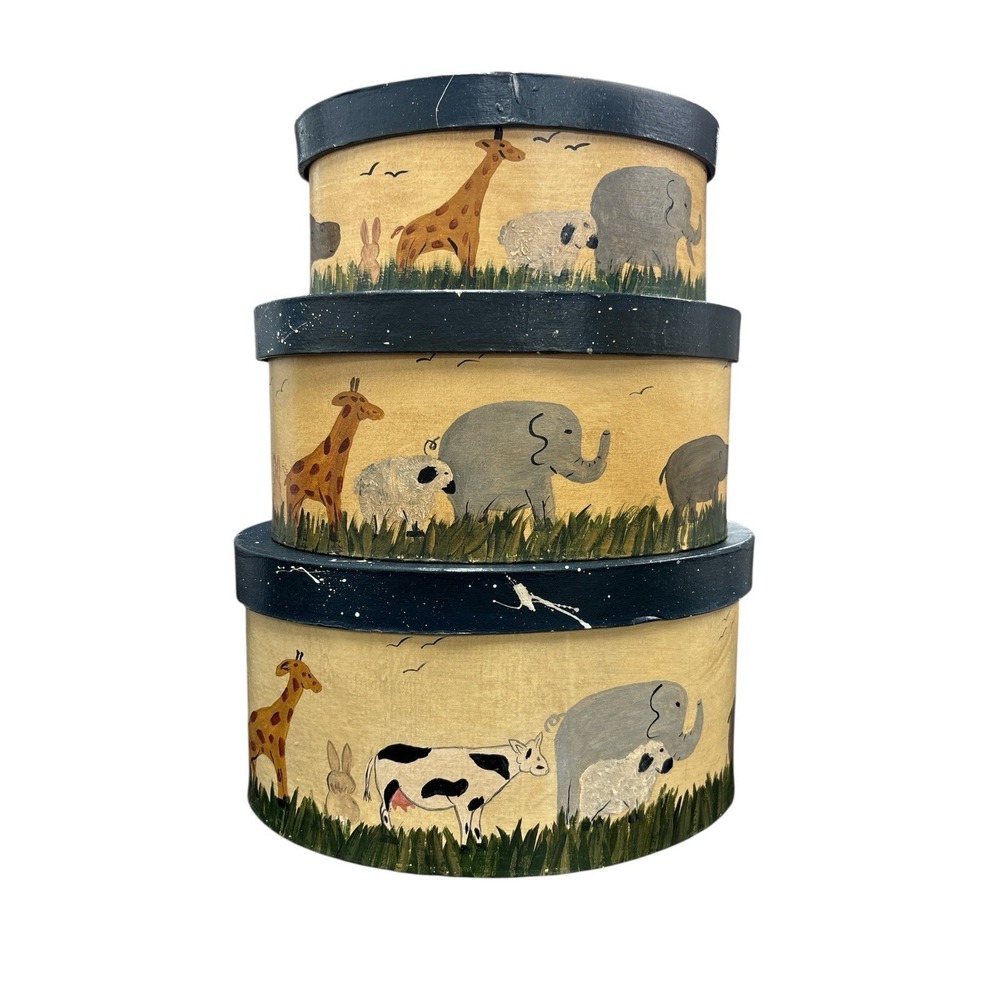 Vintage Hand-painted Nesting Box 3 PC Set With Animals Nursery Farmhouse Decor - Picture 7 of 11